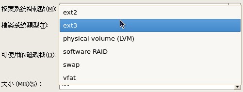 分割過程的檔案系統類型挑選 分割過程的檔案系統類型挑選