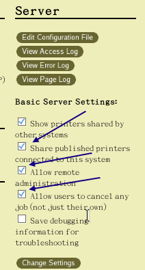勾選可讓 CUPS 成為列印伺服器的功能 勾選可讓 CUPS 成為列印伺服器的功能