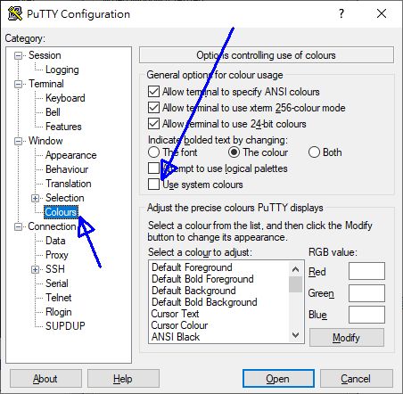 putty 的設定示意圖 putty 的設定示意圖