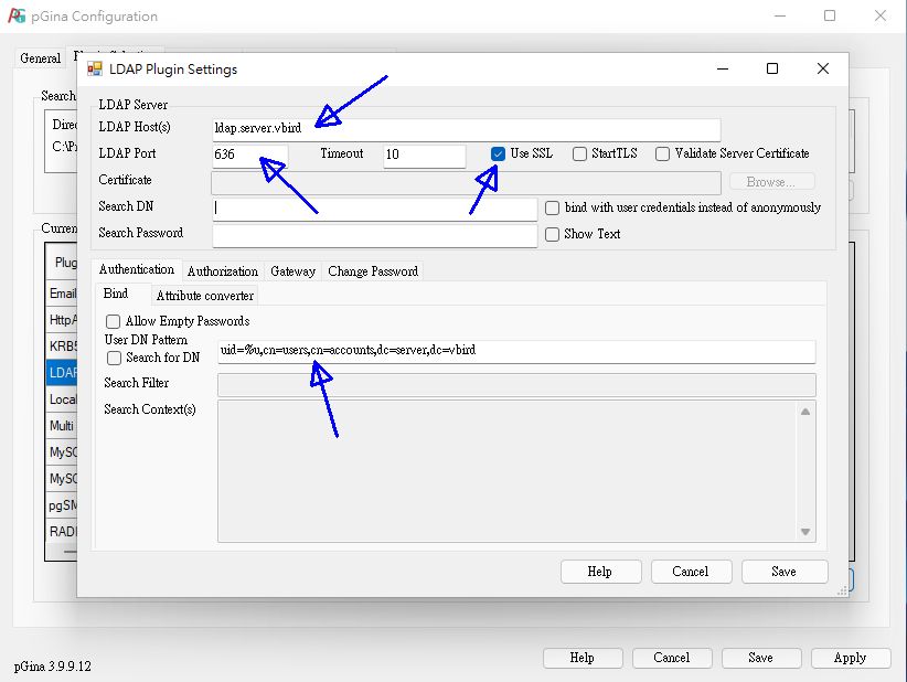 圖 11.2.5-5、pGina 在 LDAP 畫面中設定 圖 11.2.5-5、pGina 在 LDAP 畫面中設定